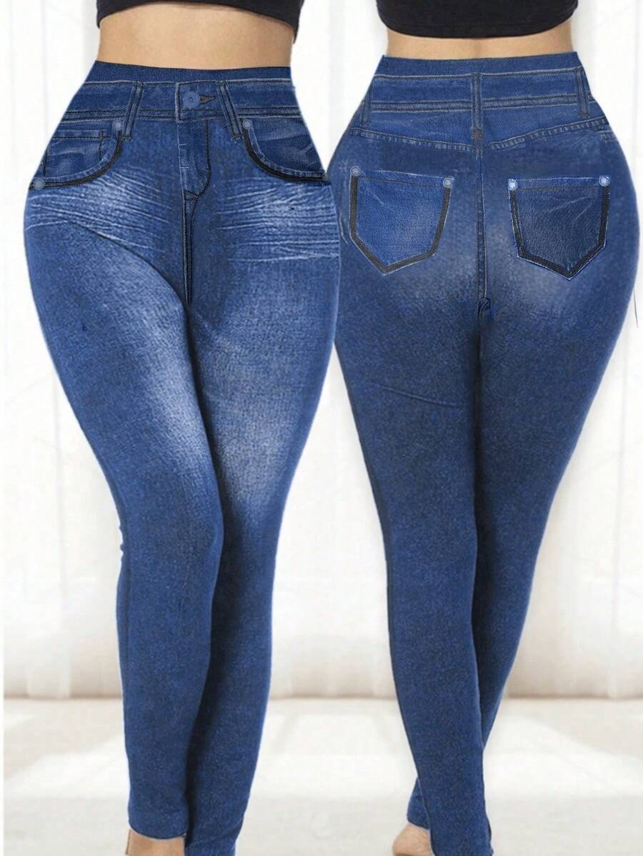 女士无缝高弹力紧身裤牛仔效果健身跑步修身裤高腰休闲裤街头打底裤 - 藏蓝色 - 查看 1