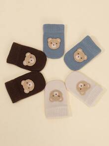 3pcs/Set Embroidered Bear Design Baby Boy Mittens, Cartoon Knitted Thick Warm Gloves, Candy Colors, Suitable For Autumn/Winter, 0-12M