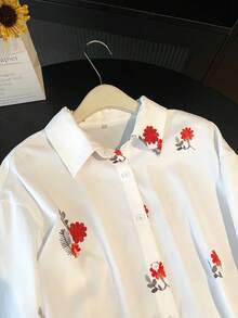 印花长袖纽扣衬衫，优雅大方，适合海滩、度假、通勤等场合，宽松版型，春夏女款 - 白色 - 查看 6