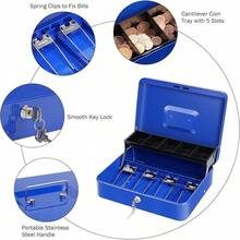 Cash Box With Lock Key And Money Tray - Large Money Box For Cash Register, Metal Lock Box For Money  11.8" X 9.4" X 3.54" Black - Blue With Key Lock - View 3