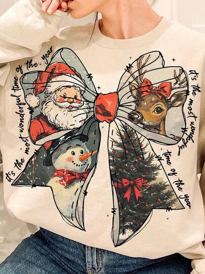 It's The Most Wonderful Time Of The Year Christmas Coquette Bow Print Round Neck Drop Shoulder Sweatshirt, Reindeer Snowman Retro Christmas