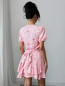 Vestido corto mujer estampado floral y plantas manga corta escote v verano casual día cordon ajustable bajo capas casual vacaciones primavera verano calle fiesta desayuno jardín calor - Rosa - Ver 5