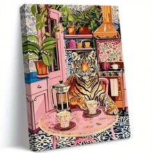 1pc Unframed Tiger With Coffee And French Press Canvas Print - Minimalist Kitchen Wall Art - Bold Tiger Coffee Enthusiast Decor - Vintage Jungle Print Posters,Wall Art,Room Decoration Stuff,Fall,Halloween,Modern,Vintage(Optional) Frame) - Multicolor - View 4