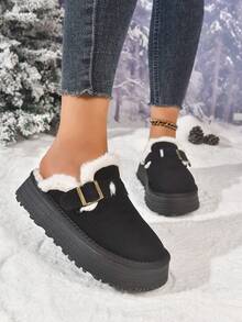 1 Pair Solid Color Casual Fabric Strap Platform Shoes, Suitable For Home Wear In Autumn/Winter,Fur Shoes,Mule Shoes - Black - View 4