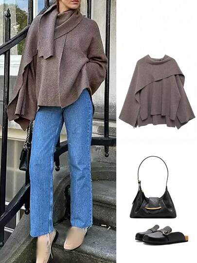 Women's Fashion Casual Poncho Style Loose Scarf Decor Knit Sweater Cardigan