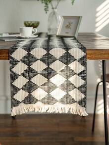 1 khăn trải bàn kiểu Mỹ, họa tiết kẻ caro đen trắng, thiết kế tua rua dệt tay, đa năng cho ăn uống, tiệc tùng, dã ngoại, đạo cụ chụp ảnh, trang trí không gian, phong cách châu Âu - Đen và trắng - Xem 2