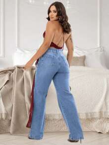 2025 Straight Loose Jeans For Women, Solid Color Blue, Black, Casual Women's Pants, Comfortable, Versatile Denim Pants, Essential For Travel - 淺色水洗藍 - 查看 3