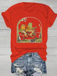 Vibrant Cartoon Frog Print Crew Neck T-Shirt - Soft Micro Elasticity Polyester Fabric, Regular Length, Casual Short Sleeve Top For Spring & Summer, Womens Fashion Clothing With Positioning Printing - Red - View 1