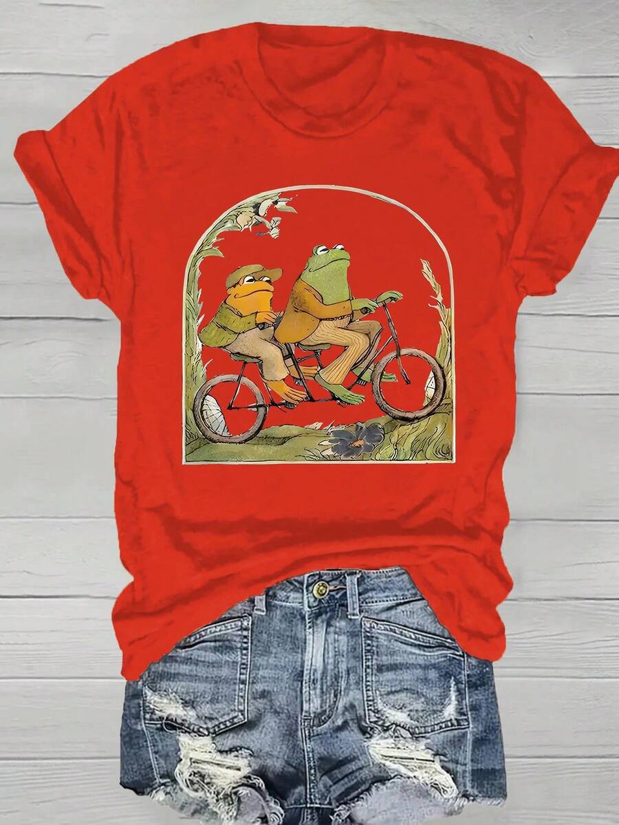 Vibrant Cartoon Frog Print Crew Neck T-Shirt - Soft Micro Elasticity Polyester Fabric, Regular Length, Casual Short Sleeve Top For Spring & Summer, Womens Fashion Clothing With Positioning Printing - Red - View 1