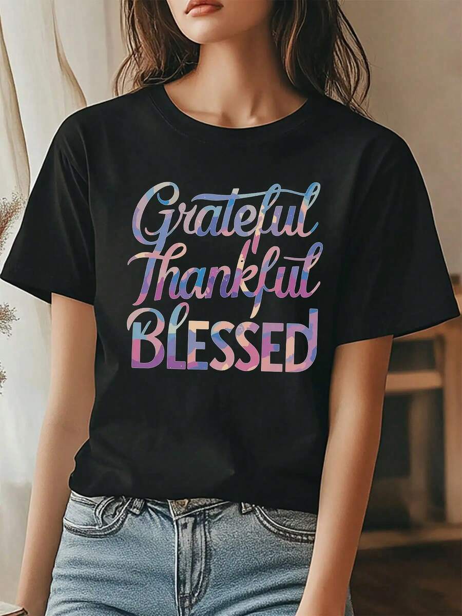 "Grateful Thankful " Women's Oversized T-Shirt - O-Neck Short Sleeve Casual Top With Vibrant Gradient Lettering, Breathable Fabric For Spring Summer Outdoor Wear, Machine Washable, Positive Graphic Tee, Comfortable Fit Shirt, Durable Fabric Tee - 黑色 - 查看 1