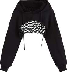 Womens Cropped Hoodie Fishnet Long Sleeve Crop Top Hollow Out Drawstring SweatshirtChristmas - 紫色 - 查看 3