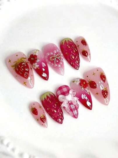 24pcs Fresh Strawberry Heart 3D Press-On Nails - Almond Shape - Medium Length, Removable Nail Stickers, Suitable For Women Nail Supplies