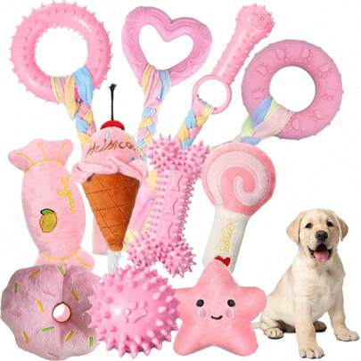Juguetes para cachorros, Cachorro feliz, Juguetes de dentición para cachorros, Alimentación de cachorros, Suministros para perros, Accesorios para perros, Juguetes para masticar para perros pequeños, Juguetes para cachorros rosas, con pelotas de goma suaves y cuerdas de colores, duraderos y fáciles de limpiar, accesorios interactivos adecuados para perros pequeños (rosa)