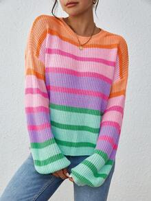 Women's New Winter Rainbow Striped Loose Knit Sweater - Multicolor - View 4