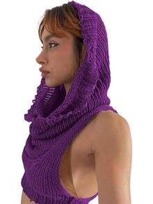 Women Knitted Hoodie Sweater Vest Sleeveless Hollow Out Hooded Crop Top Streetwear Rave Oufit - 紫色 - 查看 2