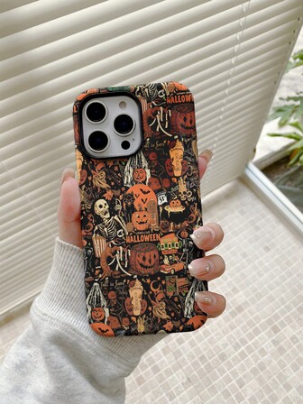 1pc Vintage Pumpkin & Skull Cartoon Creative Phone Case, Suitable For IPhone 16 Pro/11/12 Pro/13/14 Pro Max/15/16 Pro Max, TPU+PC Material Cartoon Pattern Hard Protective Cover, Shockproof Phone Shell, Holiday Christmas Halloween Gift For Couples & Best Friends