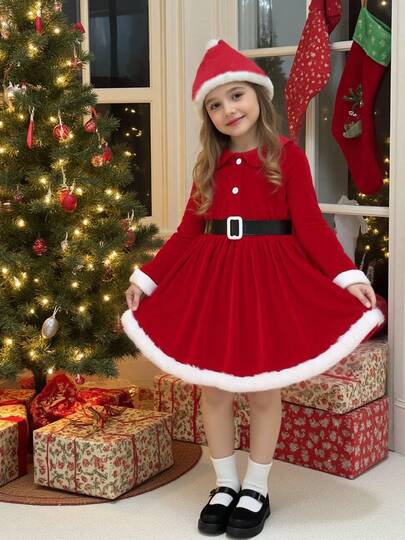 Young Girl's Sweet, Cute, Elegant Party, Outdoor, Casual, Minimalist, Fashionable, Soft, Christmas Gift Solid Color Burgundy Patchwork White Furry Trim Peter Pan Collar Long Sleeve Black Belt Half-Placket Dress With Detachable Furry Pom Pom Christmas Hat, Autumn
