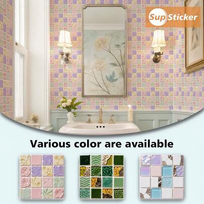 SUPSTICKER 12片加厚PVC材质贴纸，尺寸分别为：3.93 x 3.93英寸 / 5.9 x 5.9英寸 / 7.87 x 7.87英寸。这些是清新简约风格的仿马赛克瓷砖2D图案家居装饰贴纸。它们具有自粘性、防水性和防油性，可轻松撕下并立即粘贴。它们是墙贴和乙烯基贴纸，适用于装饰和美化客厅、卧室、厨房、浴室和岛台的墙壁。