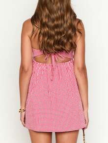 Women Summer Mini Bandeau Dress Off Shoulder Strapless Plaid Tube Top Dress With 2 Pockets - Red - View 7