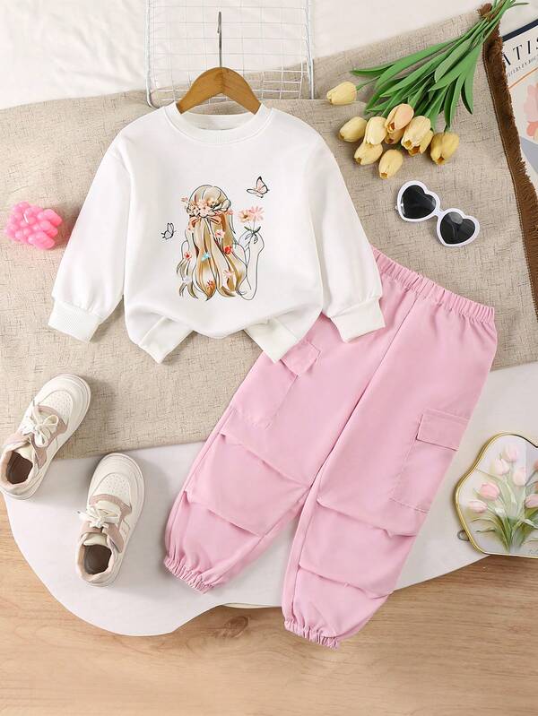 مجموعة بنطلون وبلوزة رياضية بطباعة جرافيك للبنات، مناسبة للخريف/الشتاء، قطعتان