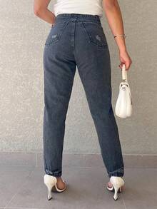 Kissmelady 8419 Tapered Jeans Zipper Women's Mom Jeans With Scratches 8419 - 黑色 - 查看 5