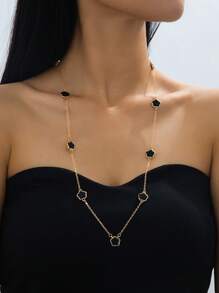 1 pieza Collar de metal dorado minimalista y versátil con trébol hueco largo para mujeres