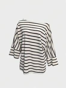 Women's Casual Striped Batwing Sleeve Asymmetrical Neck T-Shirt, Autumn - Multicolor - View 3