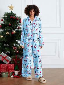 Womens 2 Piece Christmas Pajama Set Long Sleeve Snowman Print Button Up Shirt + Pants Set Winter Sleepwear - Sky Blue - View 1
