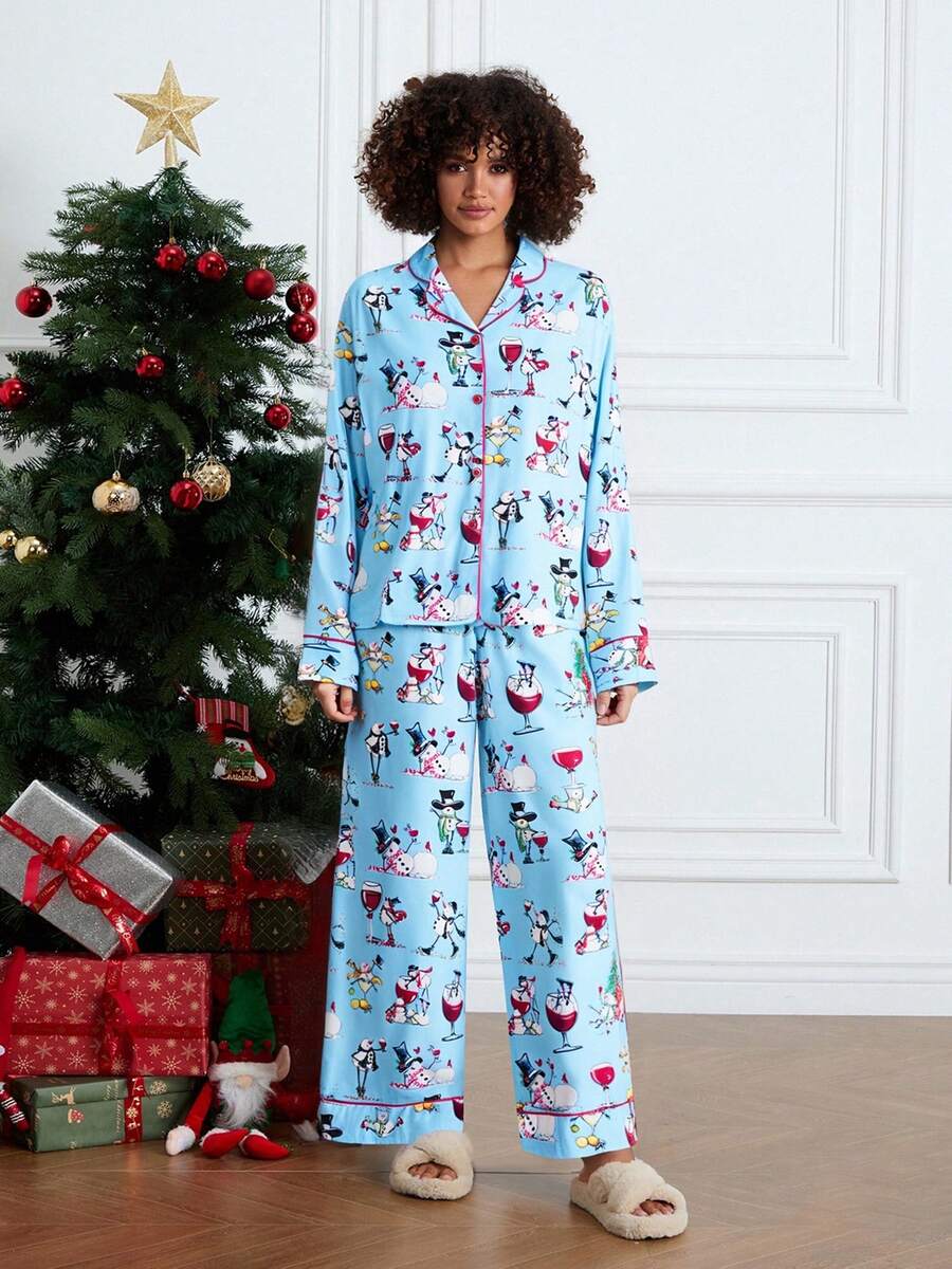 Womens 2 Piece Christmas Pajama Set Long Sleeve Snowman Print Button Up Shirt + Pants Set Winter Sleepwear - Sky Blue - View 1