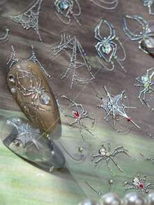 1片哥特式银色金属蜘蛛网美甲贴纸 5D蜘蛛按压式美甲艺术万圣节女巫美甲贴花女士酷女孩自粘装饰美甲设计美甲用品 - 彩色 - 查看 1