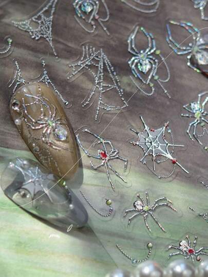 1PC Gothic Silver Metal Spider Web Nail Stickers 5D Spider Press On Nail Art Halloween Witch Nail Decals For Women Cool Girl Self Adhesive Decoration Manicure Designs Nails Nail Supplies
