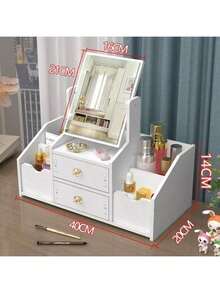 Swivel Dormitory Dresser, Student Dormitory Dresser With Makeup Mirror, Small Makeup Storage Table, Desktop Storage HD Makeup Mirror, Large Capacity Multi-Layer Organizer, Suitable For Home, School. - 白色方鏡 - 查看 5