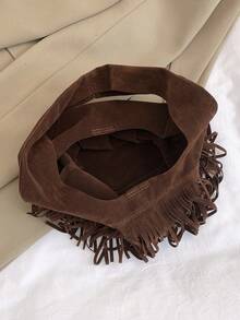 Tropiscape Túi đeo vai/túi dưới cánh tay cỡ trung bình, nhẹ, kiểu dáng vintage bằng da lộn với tua rua, màu đỏ tía, nâu, cà phê, thiết kế độc đáo năm 2024, phong cách thời trang Mỹ, phù hợp cho phụ nữ và bé gái, túi tote dung tích lớn, quà tặng phong cách Cottagecore, trang phục mùa hè. - Cà phê nâu - Xem 9