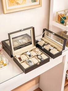 2/12 Slot Waterproof PU Leather Watch Storage Box, Watch Box Storage Organizer, Watch Gift Box, Travel Watch Storage Box, Luxury Large Capacity Watch Storage Box, Unisex, Elegant Black PU Leather With Compartments Watch Case - Holds Watches, Home Organization And Storage Supplies, Room Decoration, Gifts For Men, Gifts For Women - Multicolor - View 4