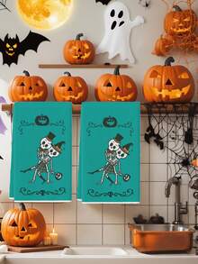 2 chiếc khăn lau bếp hình ma ca rô đen trắng màu nước hình ma quỷ, mũ phù thủy, mèo, đèn lồng bí ngô, dơi, mạng nhện, đầu lâu, kẹo, khăn lau bếp kiểu nông trại, khăn lau bát đĩa nhà bếp, khăn lau tay, khăn lau trà, khăn lau khô bát đĩa nhà bếp, đồ dùng tiệc ngày lễ, quà tặng tân gia, phòng tắm, thích hợp cho nhà bếp, phòng ăn, bàn ăn - Màu xanh lam - Xem 1