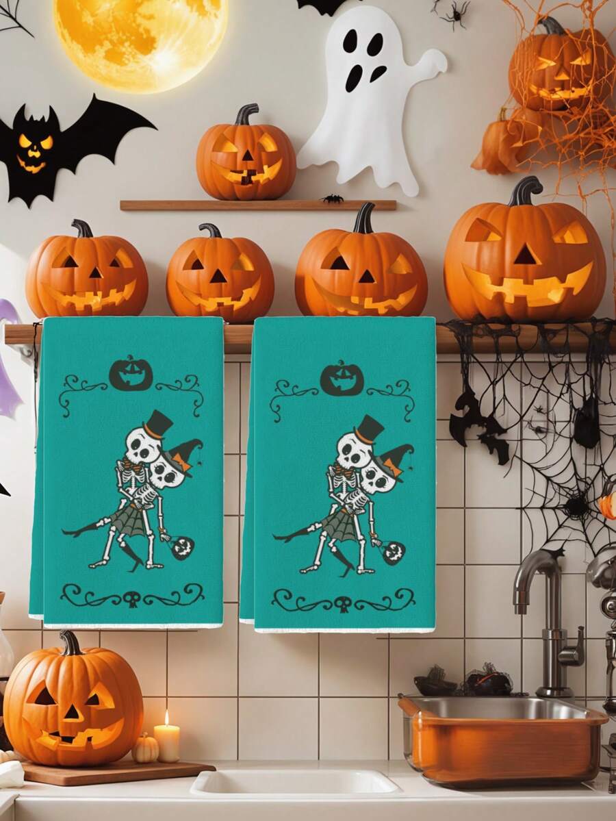 2 chiếc khăn lau bếp hình ma ca rô đen trắng màu nước hình ma quỷ, mũ phù thủy, mèo, đèn lồng bí ngô, dơi, mạng nhện, đầu lâu, kẹo, khăn lau bếp kiểu nông trại, khăn lau bát đĩa nhà bếp, khăn lau tay, khăn lau trà, khăn lau khô bát đĩa nhà bếp, đồ dùng tiệc ngày lễ, quà tặng tân gia, phòng tắm, thích hợp cho nhà bếp, phòng ăn, bàn ăn - Màu xanh lam - Xem 1