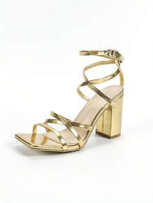 Women's Square Toe Gold Chunky Heel Party Fashion Minimalist Casual Comfortable Versatile High Heel Sandals