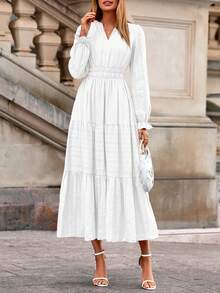 Women's  Fall Wedding Guest Dresses Long Sleeve V Neck Flowy Elegant Holiday Party Maxi Dress With Pockets - 白色 - 查看 4