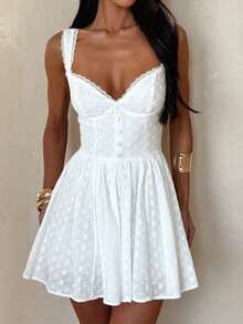 Women's Summer Mini Dress Stylish Solid Lace Trim Flower Embroidered Hollow Details Sleeveless V Neck A Line Dress - trắng - Xem 1