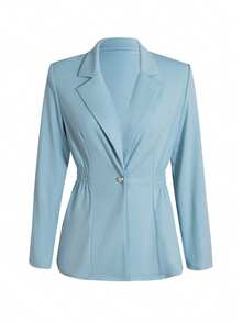 Women's Fashionable European And American Style Solid Color Casual Single-Button Elastic Waist Lapel Collar Long Sleeve Jacket, Minimalist Street Style For Daily Wear, Autumn/Winter - Blue - View 8