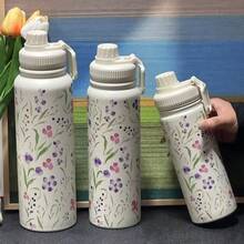 1pc Floral Stainless Steel Insulated Water Bottle - Double Wall Vacuum Tumbler, Suitable For Hot & Cold Drinks, 600ml/800ml/1000ml Size, Great For Travel, Gym, Outdoor Activities And Gifts - White - View 3