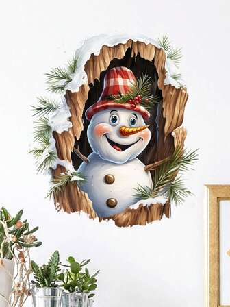 Pegatinas de pared rotas de muñeco de nieve, Papá Noel y reno 3D, calcomanías de pared divertidas para sala de estar, dormitorio, decoración de fiesta de Navidad, decoración de pared autoadhesiva de PVC para decoración del hogar, decoraciones navideñas