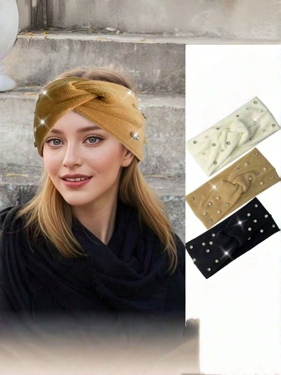 1 pieza Diadema elegante y casual de poliéster con lazo, diadema de invierno con decoración de perlas de moda, accesorio de cabello versátil y vintage con diseño cruzado para mujer en otoño/invierno