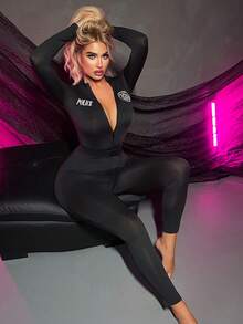 Trang phục hóa trang sĩ quan cho nữ nhân dịp Lễ Tình nhân, bộ áo liền quần dài tay có khóa kéo phía trước + thắt lưng. - màu đen - Xem 6