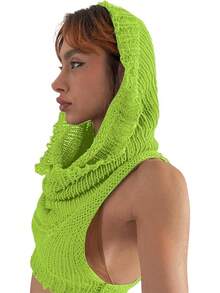 Women Knitted Hoodie Sweater Vest Sleeveless Hollow Out Hooded Crop Top Streetwear Rave Oufit - 霓虹綠 - 查看 2