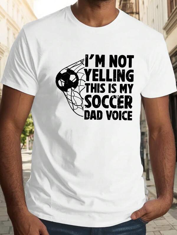 Camiseta gráfica Vibrant Soccer Dad - Tejido de punto suave 100% poliéster, cuello redondo casual, ligera elasticidad, patrón geométrico, top deportivo transpirable de verano para hombres