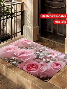 1 件粉色玫瑰防滑地毯，PVC 底背，可机洗橡胶和无纺布花卉图案室内地垫，适用于入口、走廊、卧室、客厅、洗衣房，可水洗，圣诞装饰厨房地毯 - 彩色 - 查看 6