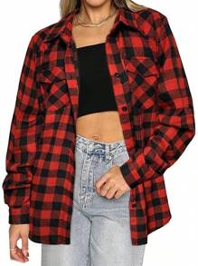 Women's Long Roll Up Sleeve Cotton Flannels Plaid Shirts Classic Fit Button Down Shirt Blouses With Pockets