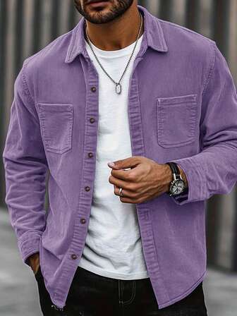 Chaqueta casual de pana ligera para hombres talla grande vendida, con cuello vuelto, cierre de botones, manga larga, diseño de bolsillos dobles, adecuada para uso casual diario, salidas de moda minimalistas, cómoda para el hogar y la calle, camisa de manga larga delgada para primavera