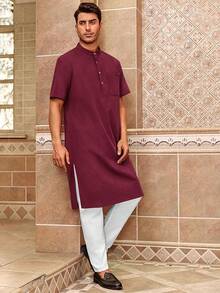 Mens Kurta Cotton Linen Henley Shirts Kaftan Short Sleeve Lounge Plain Gown Shirt-20256688 - 酒紅色 - 查看 4